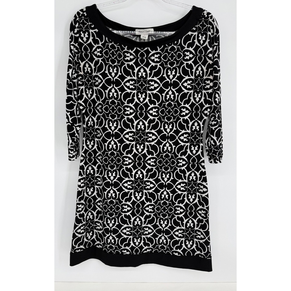 White House Black Market Black White Geometric 3/4 Sleeve Tunic Dress Sz M